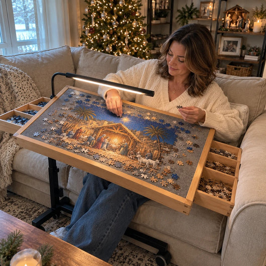 Woman doing a puzzle on the tilted table from her couch
