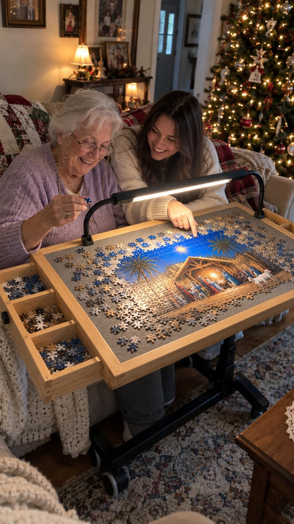 Grandmother and granddaughter doing a puzzle