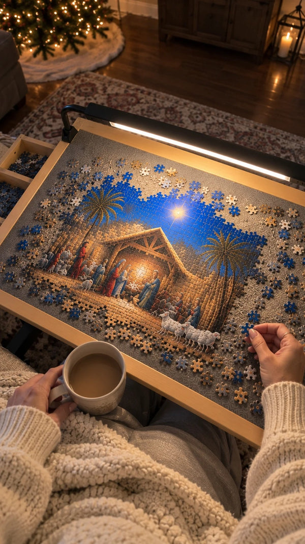 View from above of a puzzle in progress with coffee